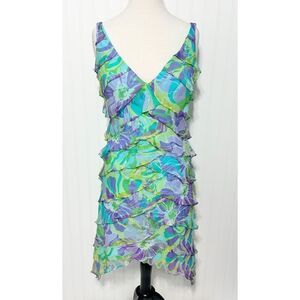 Tadashi Women Floral Tiered Ruffle Silk Sleeveless Mini Dress Blue Purple Size 6